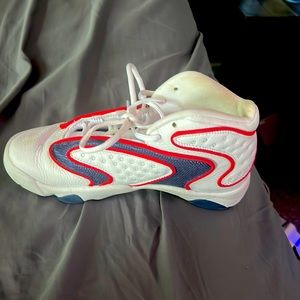 Air Jordan’s: white, navy blue, and red.